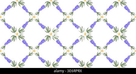 Elegant seamless vector pattern featuring lavender and daisy flowers arranged in a diamond grid on a white background. Great for textile and decor. Stock Vector