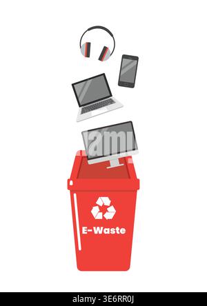 E-waste garbage sorting container with recycle symbol. Waste segregation. Trash sorting, selective collect garbage separating recycling rubbish classi Stock Vector