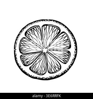 Lemon slice in minimalist black and white vector line art. Round citrus fruit cut, top view, for mediterranean seafood menu, organic lemonade Stock Vector