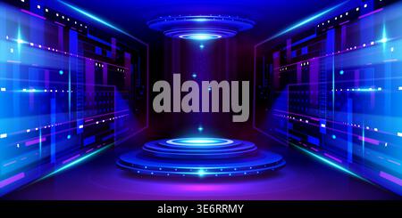Futuristic technology stage with hologram portal and neon blue light effects. Vector realistic illustration, digital platform for AI data visualization, innovation tech lab with advanced HUD interface Stock Vector