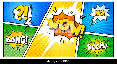 Comic book retro background with speech bubbles, cartoon frames, pop art panel pattern for sound effects, vector illustration. Manga style collage template with halftone dots and dynamic motion strips Stock Vector