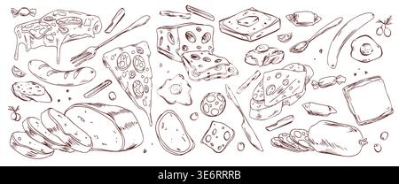 Breakfast food sketches on white background. Vector illustration of hand drawn pattern with doodle pizza slice, cheese sandwich, sausage, eggs and candies, line art pattern for restaurant menu Stock Vector