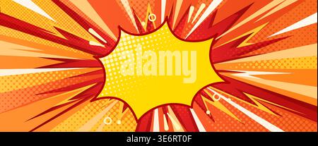 Vibrant comic book background with pop art speech bubble, retro halftone pattern and dynamic burst effect, cartoon vector illustration. Bold yellow orange frame for creative design Stock Vector