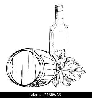 Wine still life composition with bottle, wooden barrel and grape leaf sketch in fine ink lines. Isolated vector illustration hand drawn for branding Stock Vector