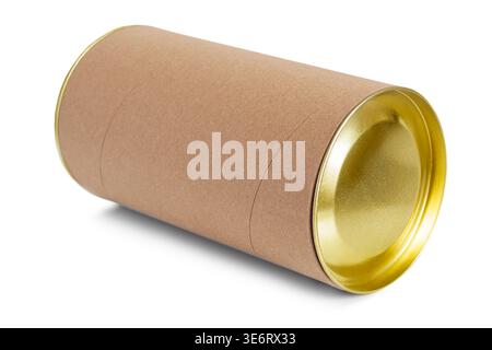 Cylinder carton jar with golden lid lying on white background Stock Photo