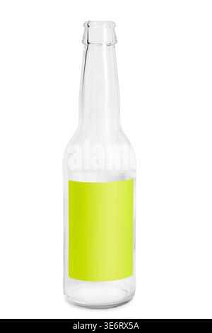 Empty beer bottle with yellow blank label isolated over white Stock Photo