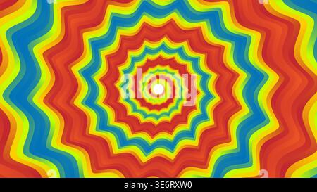 Vibrant psychedelic background featuring a colorful wavy spiral vortex with rainbow ripples and a bright center Stock Vector