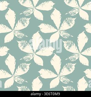 Seamless Pattern of White Chestnut Leaf Prints, Hand Stamped Botanical Texture on Sage Green Background for Organic Textiles, Eco-Friendly Branding, a Stock Vector