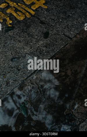 Raindrops creating ripples in a puddle on wet urban pavement Stock Photo