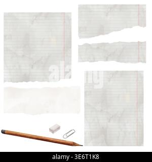 Sheets in a line from school notebooks, with ragged edges and a pencil. Watercolor illustration. A set of torn pieces and strips of paper with crumple Stock Photo