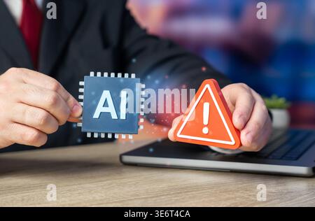 Security threats from AI implementation in business. Cyber vulnerabilities. Data protection challenges grow with automation. Cybersecurity strategies defend systems against attacks Stock Photo