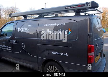 Wates social-housing maintenance van branded 'in partnership with ForHousing' in Greater Manchester. Stock Photo