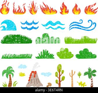Nature elements clipart. Green grass, sea ocean waves, bonfires, tree and clouds. Isolated crayon children drawing style landscape vector clipart Stock Vector