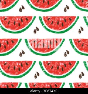 Watermelon seamless pattern. Juicy fruit slices, summer seasonal fresh product. Hand drawn print for textile, wrapping. Decorative vector background Stock Vector