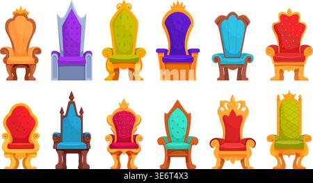 Royal thrones. Queen king throne different style. Ancient style chairs for monarch, medieval ceremonial hall interior furniture. Royalty palace or Stock Vector