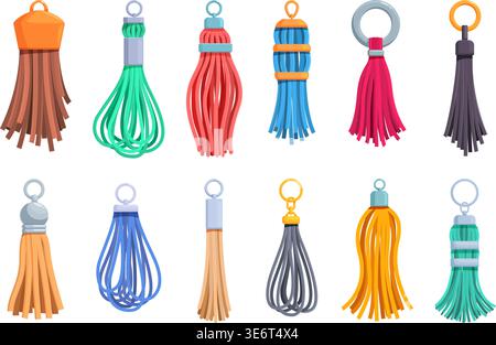 Leather tassels set. Fringe keyring, macrame element for bag, keys, purse. Colorful threads tassel, handmade charms. Fashion accessories sapid vector Stock Vector