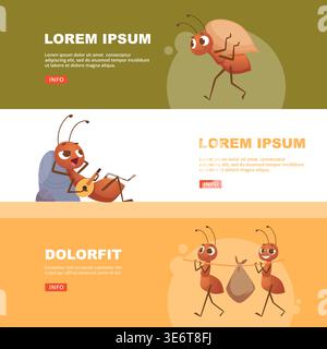 Cartoon ants. active bugs ants working. banners template with place for text Stock Vector