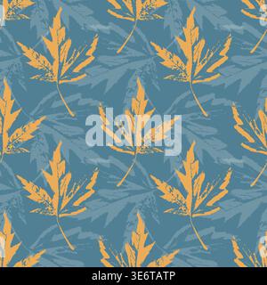 seamless vector pattern of grunge maple leaves prints in yellow and blue for autumn textile design and home decor. Vector illustration Stock Vector