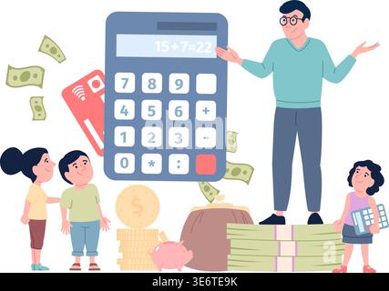 Financial literacy teaching. Man teach children investments, saving money for future. Economic strategy, finance education for toddlers, recent vector Stock Vector
