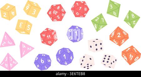 Rpg game dices. Plastic polyhedral board games pieces. Various shapes play tools. Gaming elements with numbers for fantasy playing, racy vector set Stock Vector