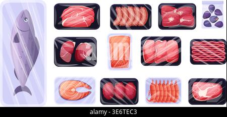 Frozen fish and meat. Supermarket fridge natural food. Seafood, steaks, shrimp, salmon, mussels in plastic trays. Grill sausages, tenderloin, nowaday Stock Vector