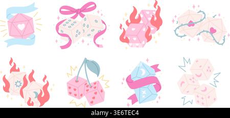 Game dices. Rpg gaming accessories decorative art style. Girly elements, dice with ribbon, bow, infire flame. Lucky symbols, racy vector clipart Stock Vector