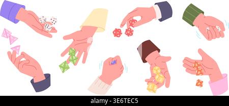 Hands with dices. Human hand with dice for board game. Characters playing tabletop rpg games, shake and roll plastic polyhedral cubes, racy vector set Stock Vector