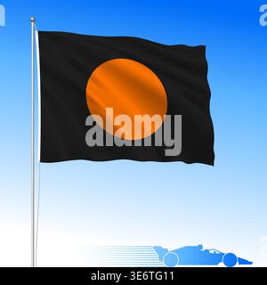 Racing cars competition Black flag with orange circle waving flag, vector illustration Stock Vector