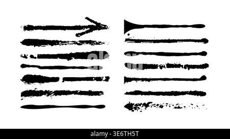 Collection of black ink brush strokes, grunge textures and graffiti arrows. Dirty artistic design elements for street art style. Vector isolated on white. Stock Vector