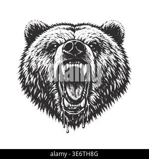 Detailed black and white vector illustration of a growling brown bear with open mouth and sharp teeth. Perfect for outdoor adventure brands, sports mascots, or tactical t-shirt prints. Stock Vector