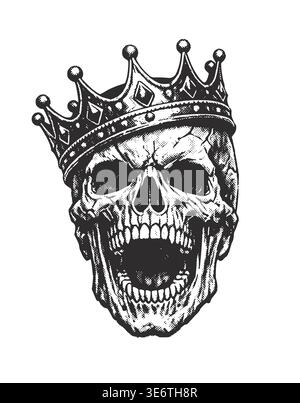 Detailed vector illustration of a screaming human skull wearing a medieval royal crown. Hardcore metal aesthetic, gothic design for t-shirt print, poster or tattoo. Hand-drawn vintage stippling technique. Stock Vector