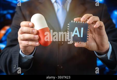 Using AI in drug development. Smart pills with cameras and AI for digestive screening. Medical innovation and digital healthcare diagnostics Stock Photo