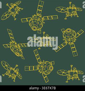 Lunar Exploration Inspired Seamless Pattern – Chang’e and Artemis Space Mission Motifs in Vector Style. Stock Vector