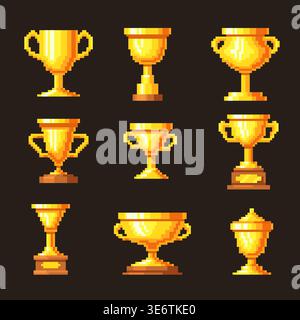 Pixel trophy cups. Retro video game awards, 8 bit golden cup winner champion reward old arcade assets champ best achievement sport victory vintage ui icons neat vector illustration original artwork Stock Vector
