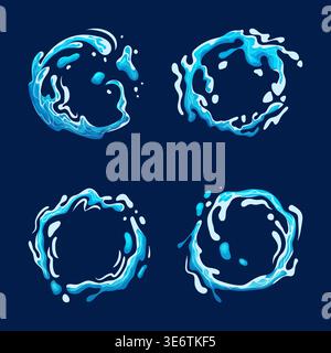Water ring splash. Circular whirlpool wave swirl splashes, liquid round flow spray whirl blue frame abstract aqua logo sea ocean circle energy cartoon ingenious vector illustration original artwork Stock Vector
