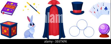 Magician trick elements. Magic trick accessories, wizard conjurer tool circus performer show set hat cloak crystal ball card box book rabbit cartoon qualitative vector illustration original artwork Stock Vector