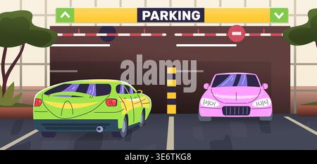 Car park entrance. Underground parking entry gate barrier, cars garage building exit toll pass drive vehicle auto safety guard security booth checkpoint classy vector illustration original artwork Stock Vector
