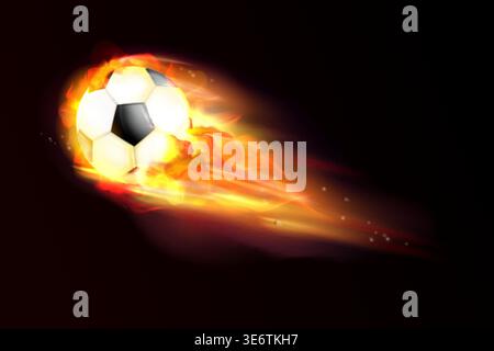 Soccer fire ball. Realistic fiery soccer balls, football game goal flame burning kick speed motion hot flying power effect background 3d isolated vector exact vector illustration original artwork Stock Vector