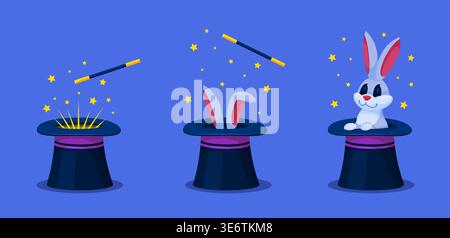 Rabbit magician cylinder. Magic hat with bunny, wizard trick hare ears in illusionist cap circus show wand illusion fantasy appear animal surprise qualitative vector illustration original artwork Stock Vector