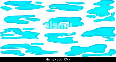 Water puddles. Liquid leakage on floor, rain puddle spill wet ground surface pool splash lake pond splatter stain drop blob drip cartoon isolated leak ingenious vector illustration original artwork Stock Vector
