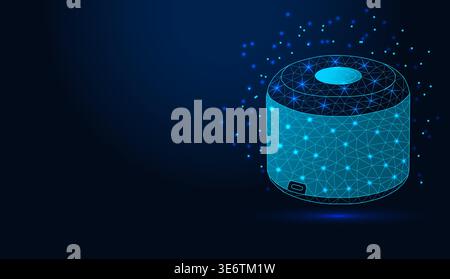 Low poly wireframe smart speaker on dark blue background. Stock Vector