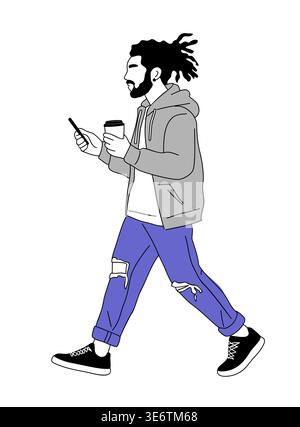 Man walks while holding phone and coffee. Stock Vector