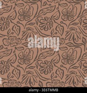 Brush strokes inky flowers brown seamless pattern Stock Vector