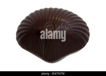 Guylian Belgian dark praline seashells chocolates isolated on white background - finest Belgian chocolates with hazelnut praline filling Stock Photo