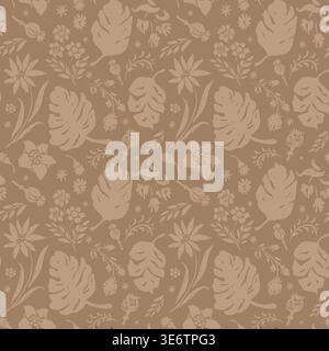 Trendy seamless floral vector pattern coffee latte colour, mocha mousse, hand-drawn. Stock Vector