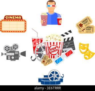 Cinema and Movie time concept with flat icons masks, 3D glasses, clapperboard and viewer with popcorn and soda in hands, isolated vector illustration Stock Vector