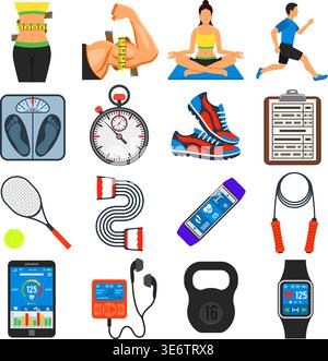 Fitness, Gym, Health Flat Icons Set for Mobile Applications, Web Site, Advertising like Yoga, Runner, Weight and Gadgets. Stock Vector