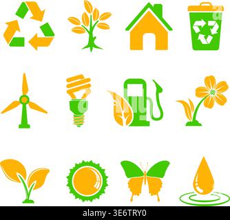 Collect Environment Icon with Tree, Leaf, Light Bulb, Recycling Symbol, vector isolated on white background Stock Vector