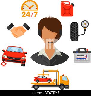 Car Service and Assistance Horizontal Banners with Flat Icons. Vector illustration. Stock Vector