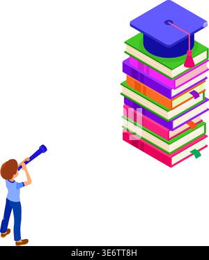 education or business success. isometric student or businessman standing on books and looking through telescope new opportunities learning graduate go Stock Vector